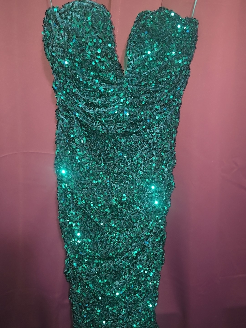 Fashion Nova Strapless Emerald Sequin Ruched Gown
